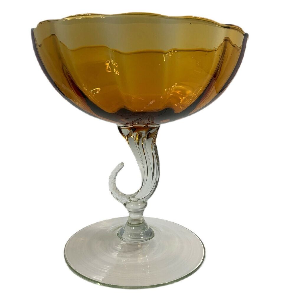 Vintage Italian Empoli Amber Pedestal Compote Candy Dish Mid Century